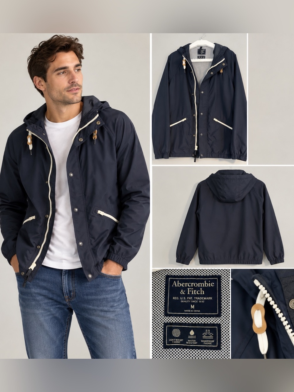Abercrombie & Fitch Men’s M Navy Hooded Windbreaker Jacket Water Resistant